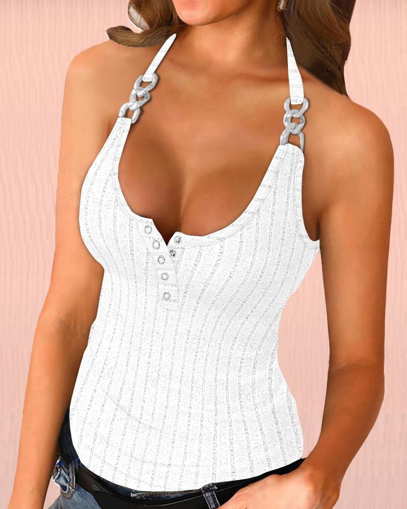 

Halter Buttoned Chain Decor Ribbed Tank Top, White