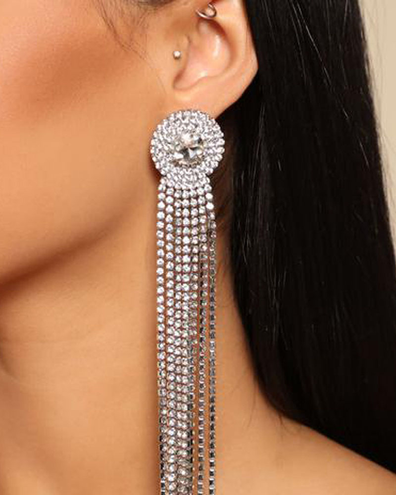 

Tassel Design Allover Rhinestone Drop Earrings, Silver