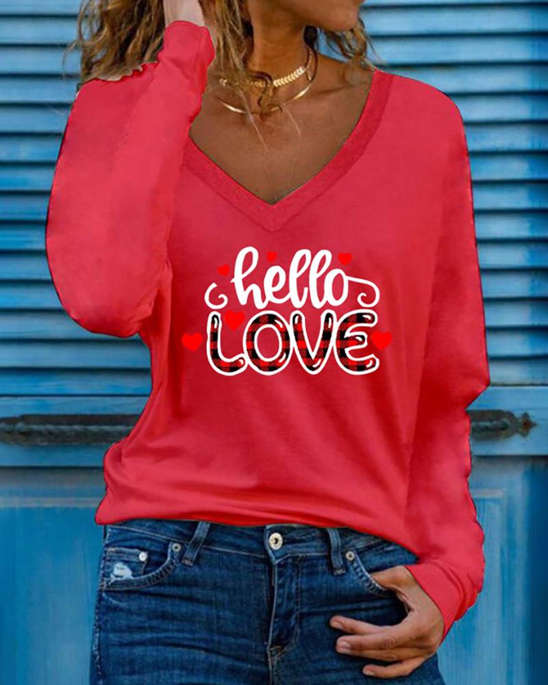 

Valentine' Day Heart Letter Print Long Sleeve Top, Red