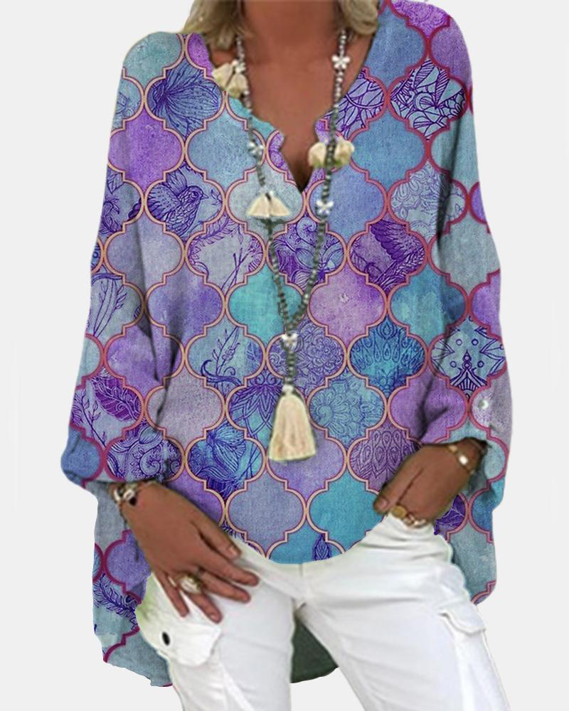 

Graphic Print Colorblock Lantern Sleeve Top, Purple