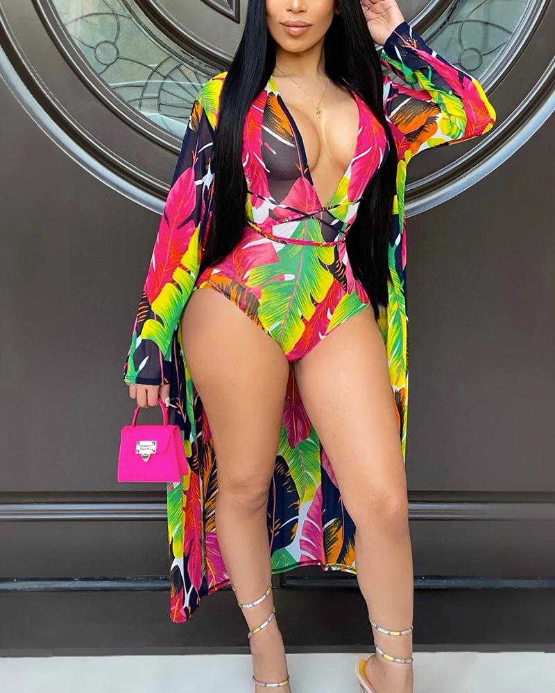 

Tropical V-Neck Lace-up Teddy Bodysuit With Robe, Multicolor