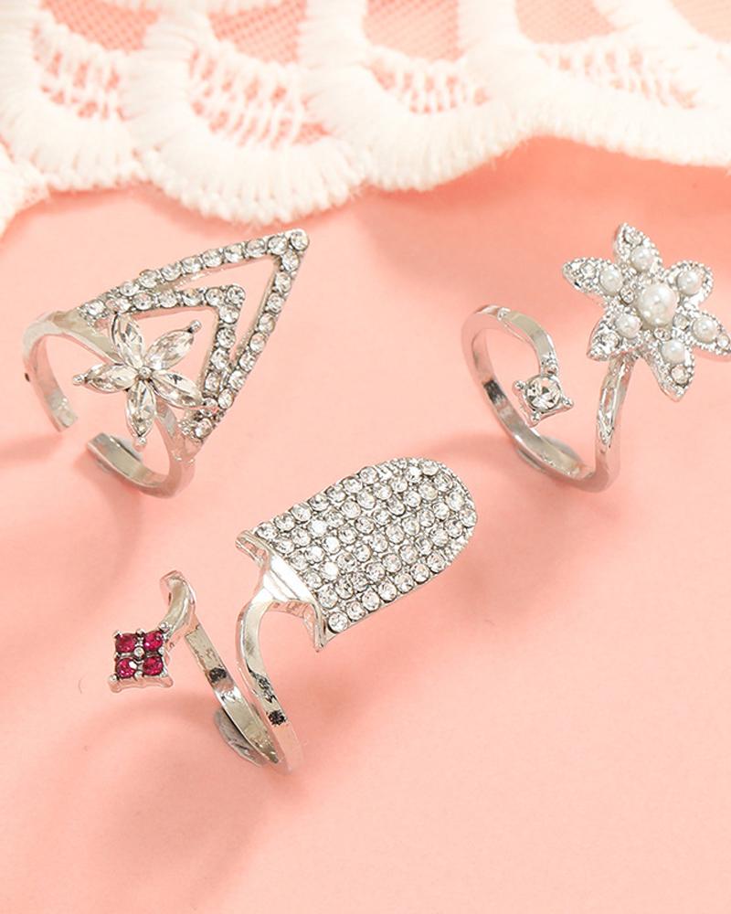 

3PCS Beaded Rhinestone Decor Cuff Ring Set, Silver