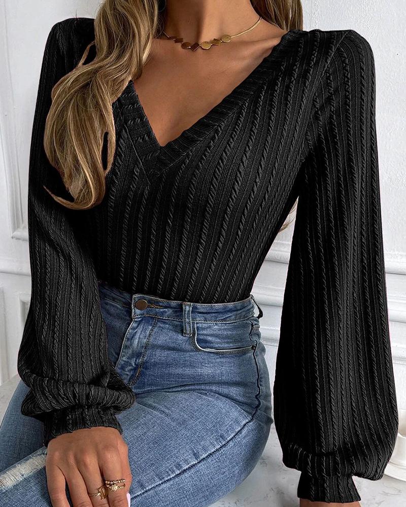 

Lantern Sleeve Cable Textured Top, Black