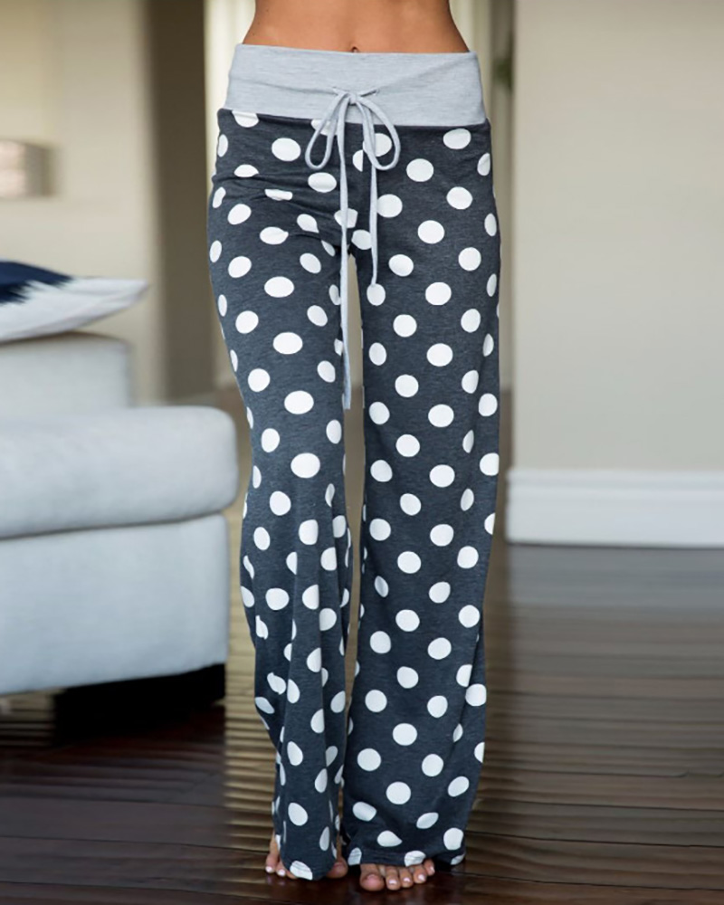 

Polka Dot Print Wide Leg Drawstring Pants, Gray