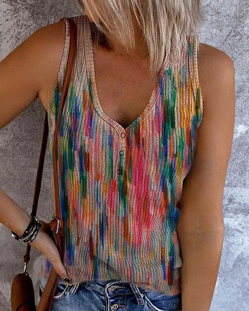 

Allover Print Button Front Tank Top, Multicolor