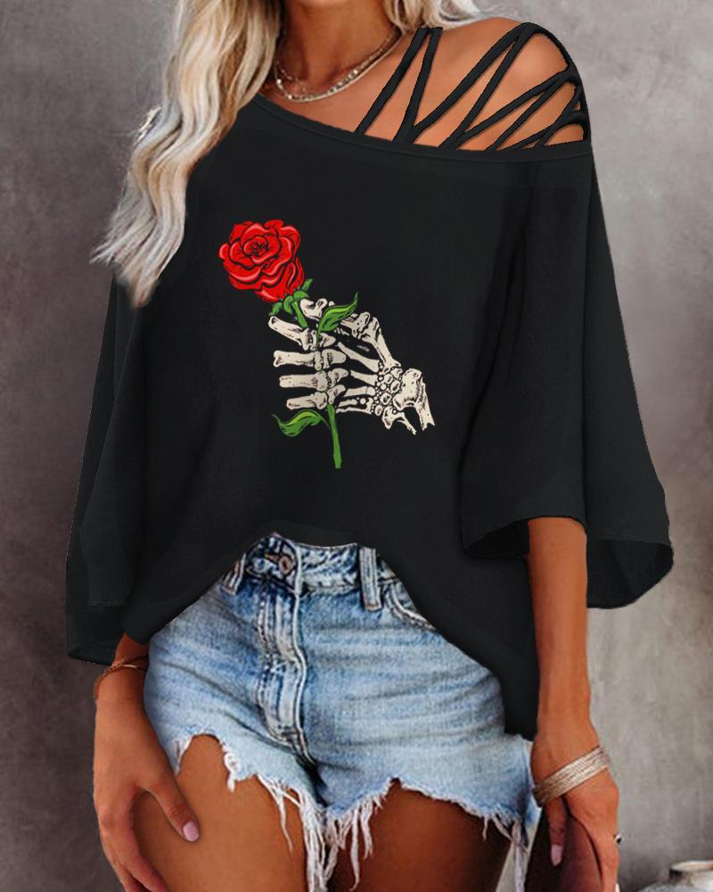 

Halloween Graphic Print Cold Shoulder Bell Sleeve Top, Black