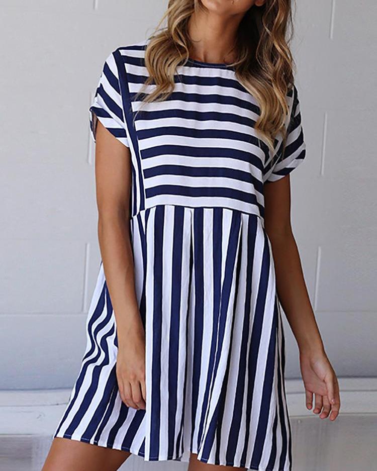 

Striped Short Sleeve Casual Tunic Dress, Blue