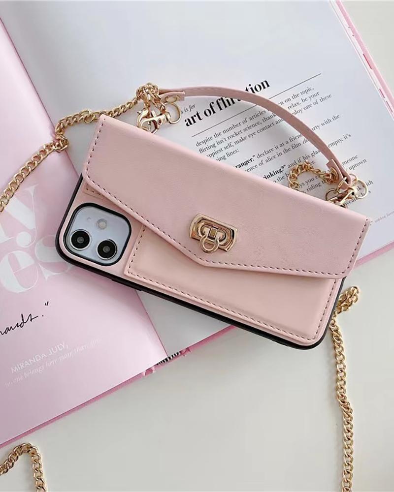 

PU Leather Card Holder iPhone Case With Chain, Pink