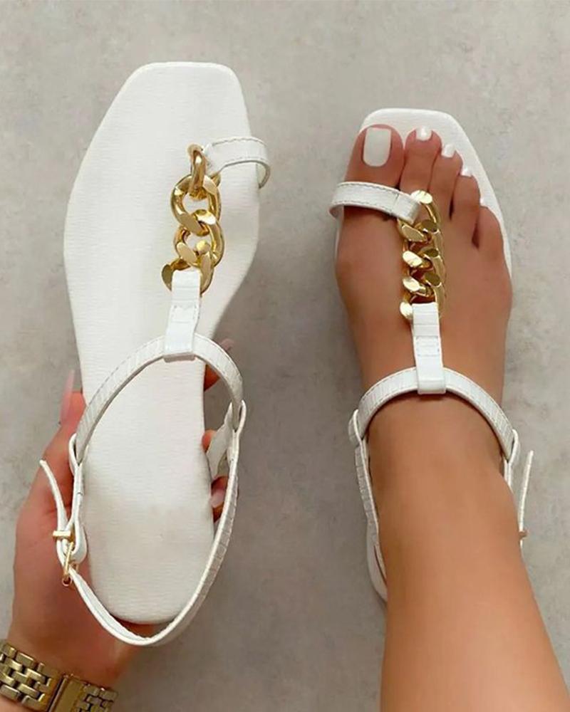 

Square-toe Solid Color Splicing Chain Toe Post Flat Sandals, White