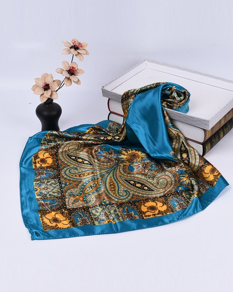 

Vintage Paisley Print Satin Square Scarf Headband, Blue