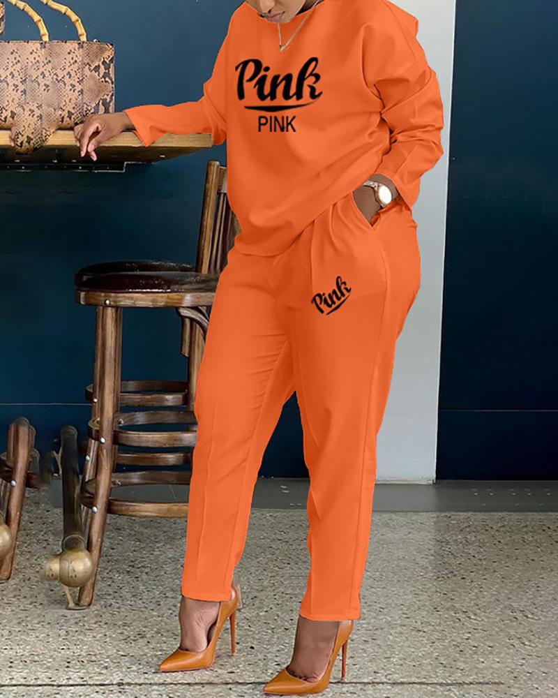 

Letter Print Long Sleeve Top & Pocket Design Pants Set, Orange