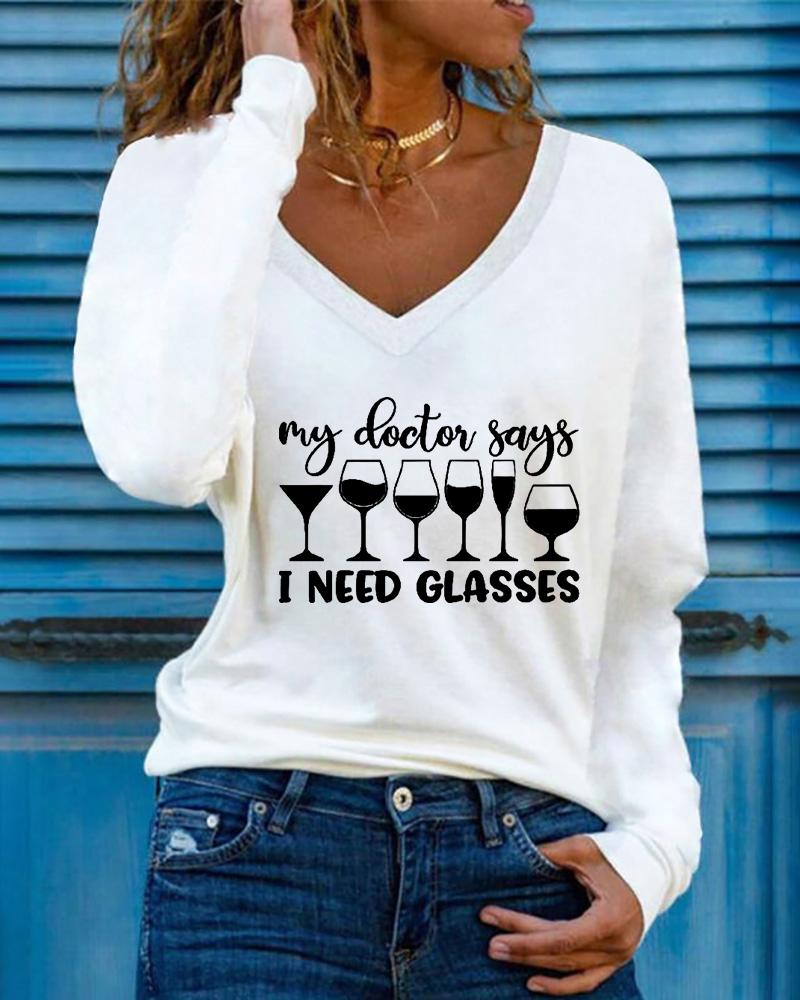 

Wine Glass Letter Print V-Neck Long Sleeve Casual Top, White