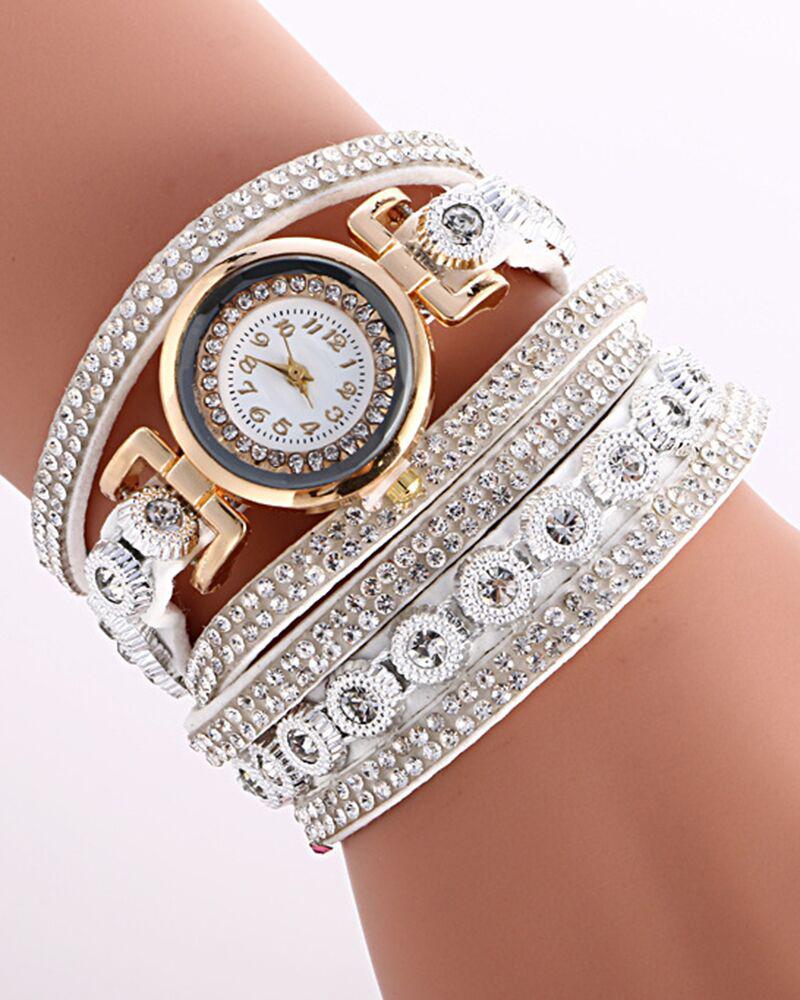 

1pc Allover Rhinestone Stackable Bangle Quartz Watch, White