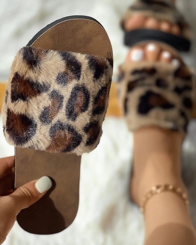 

Cheetah Pattern One Strap Fuzzy Slippers, Leopard
