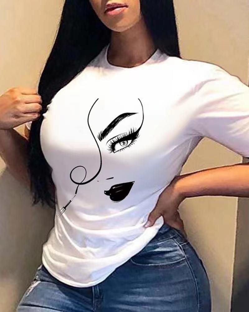 

Abstract Figure Print Short Sleeve Casual T-shirt, White