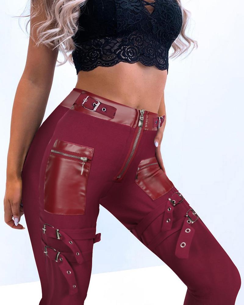 

Eyelet Buckled High Waist Zipper Design Pants, Wine red
