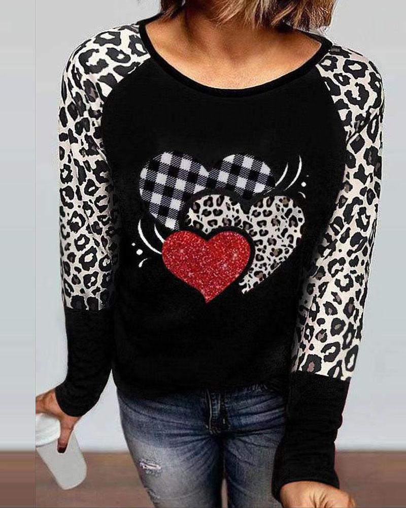 

Valentine' Day Heart Leopard Print Long Sleeve Top, Black