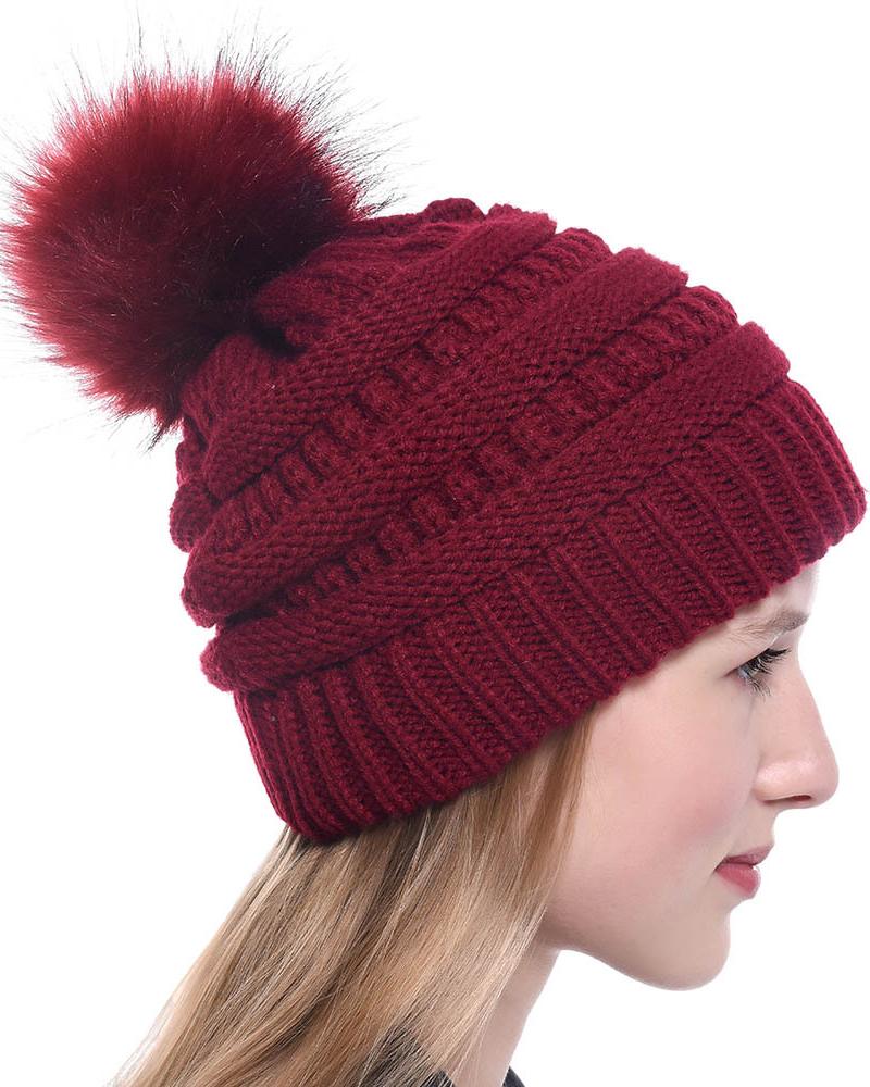 

Winter Thermal Knit Bennie Hat With Pom Pom, Wine red