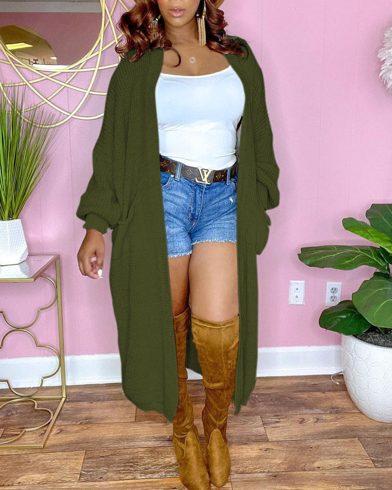 

Lantern Sleeve Longline Open Front Cardigan, Green
