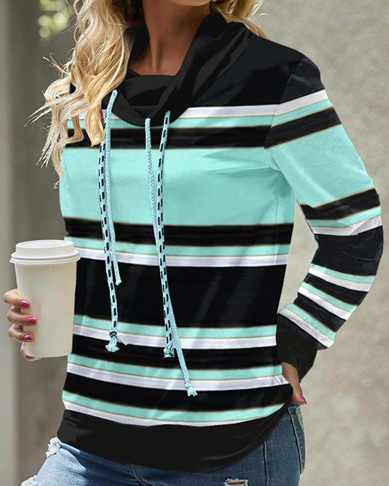 

Striped Colorblock Drawstring Hooded Sweatshirt, Green