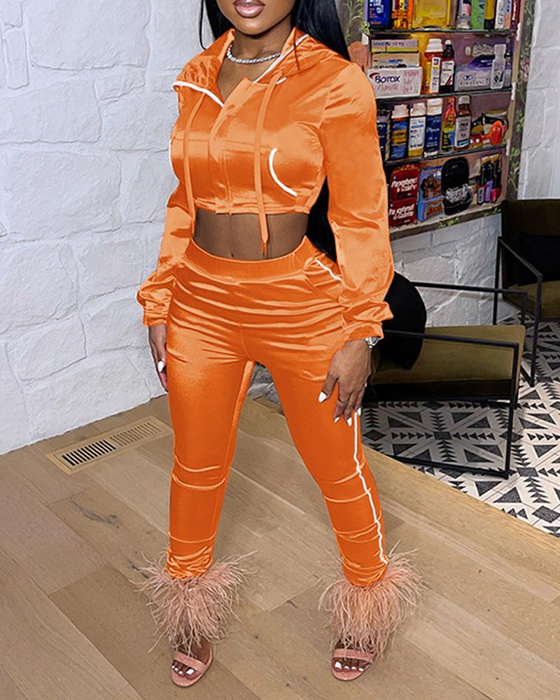 

Velvet Contrast Binding Zip Up Drawstring Crop Hoodie & Pants Set, Orange