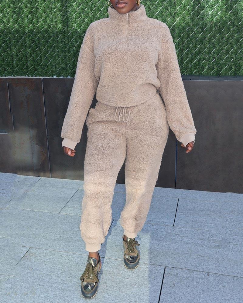 

Long Sleeve Zip Front Fluffy Top & Pants Set, Apricot