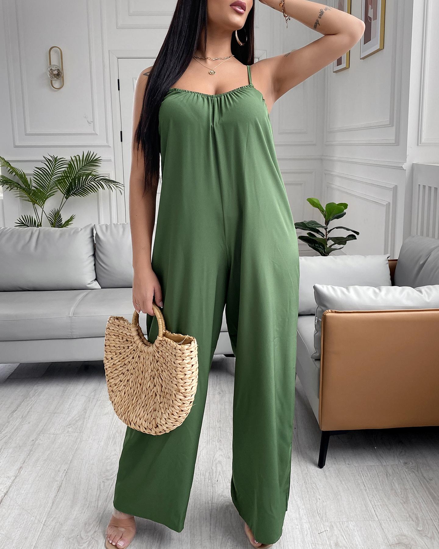 

Spaghetti Strap Square Neck Plain Jumpsuit, Green