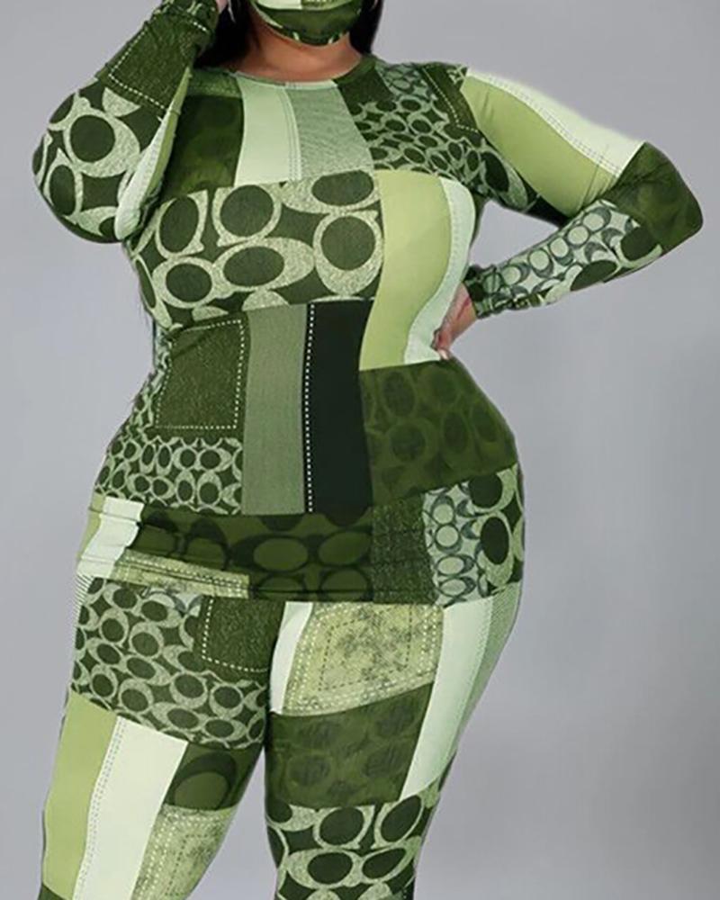 

Plus Size All Over Print Long Sleeve Top & Pants Set, Green
