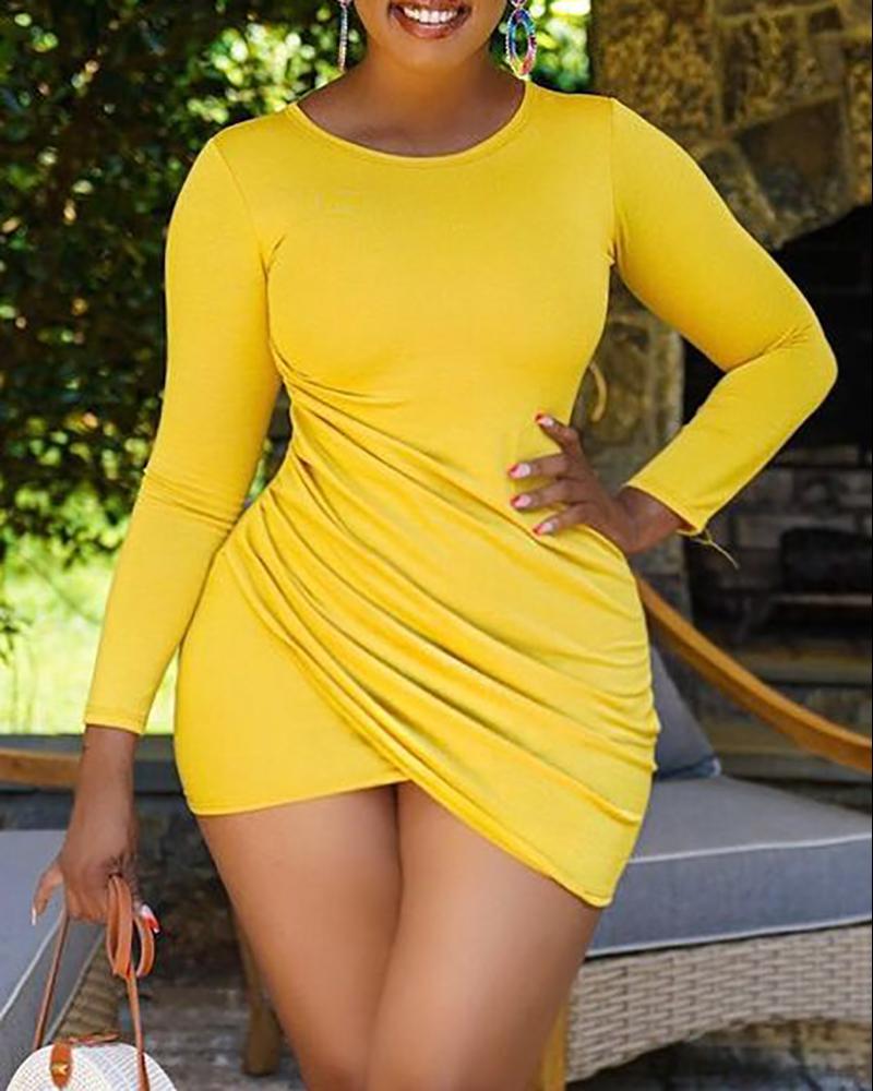

Round Neck Ruched Long Sleeve Bodycon Dress, Yellow