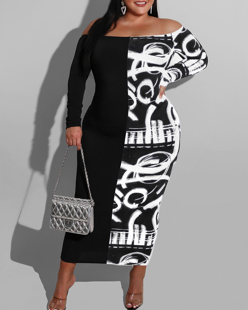 

Plus Size Colorblock Off Shoulder Long Sleeve Maxi Dress, White