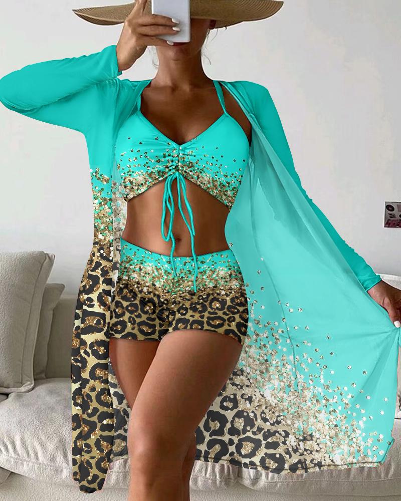 

3PCS Contrast Leopard Print Drawstring Bikini Set With Cover Up, Multicolor
