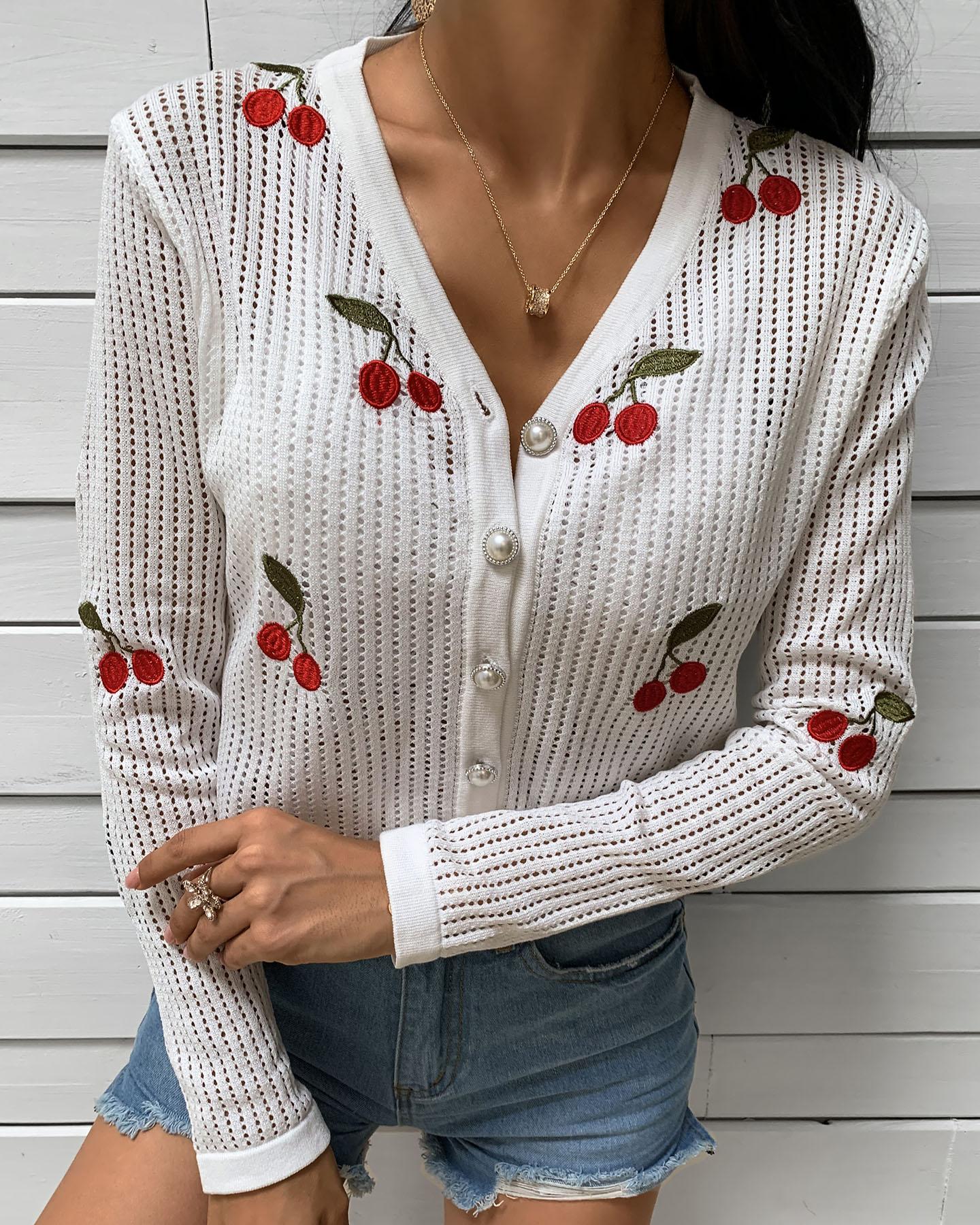 

Cherry Pattern Knit Hollow Out Cardigan, White