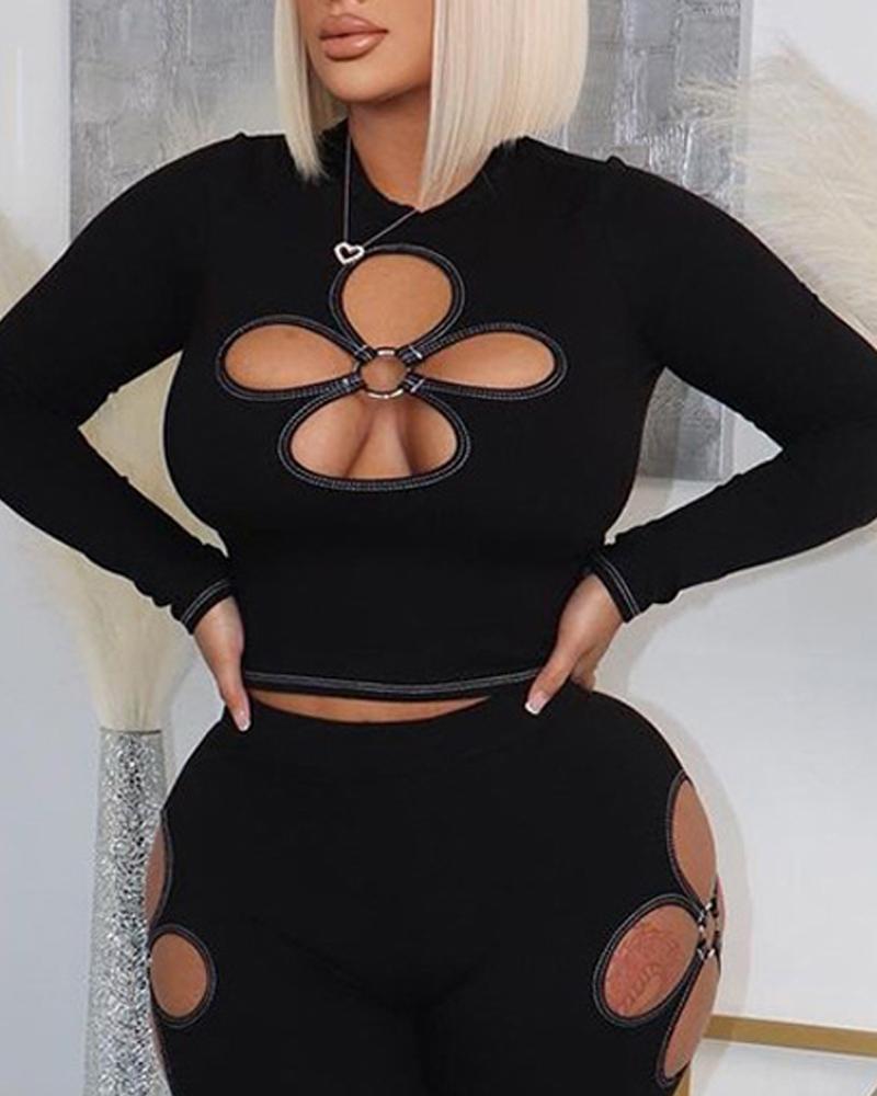 

O-Ring Hollow Out Contrast Stitching Crop Top, Black