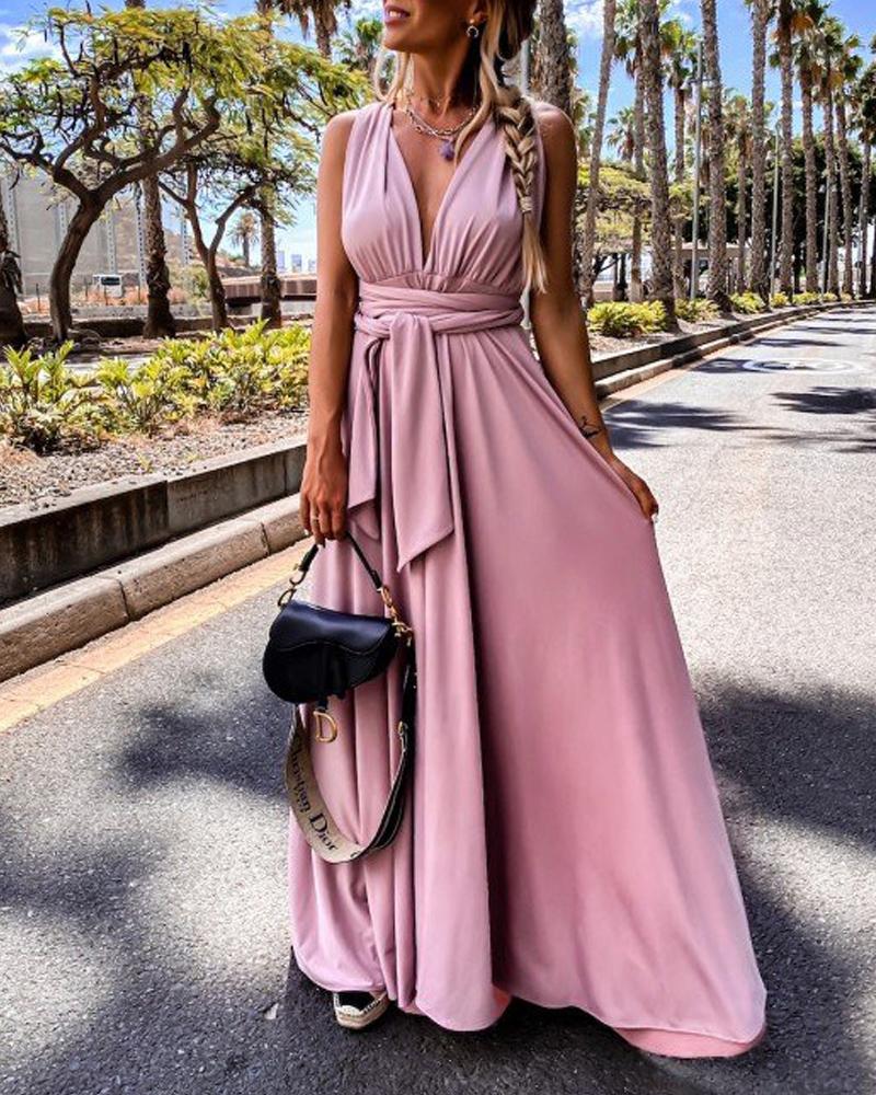 

Criss Cross Backless High Slit Maxi Dress, Pink