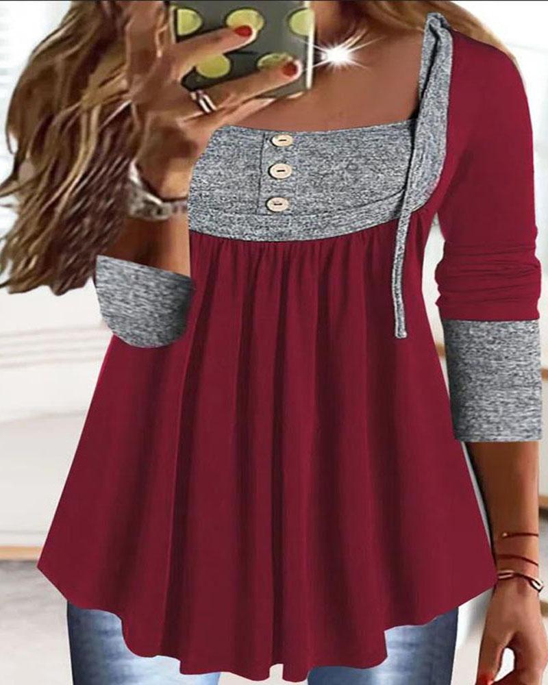 

Plus Size Contrast Paneled Long Sleeve Top, Red