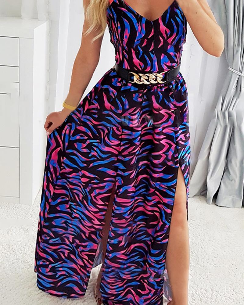 

Zebra Strap Print Slit Maxi Dress, Multicolor