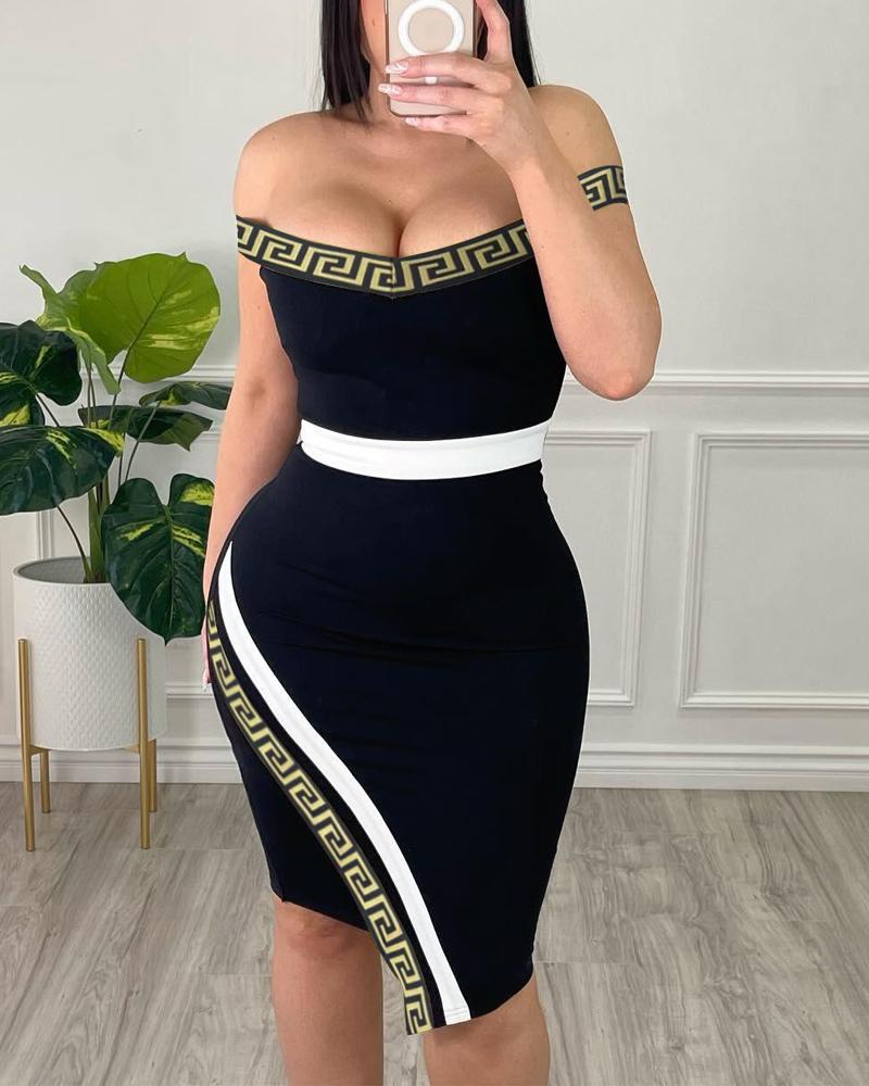 

Contrast Paneled Geo Trim Off Shoulder Bodycon Dress, Black