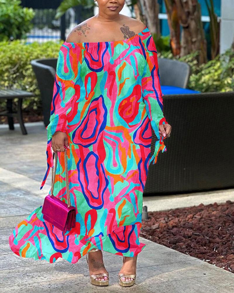 

Plus Size Multi-Color Abstract Print Off Shoulder Dress, Multicolor