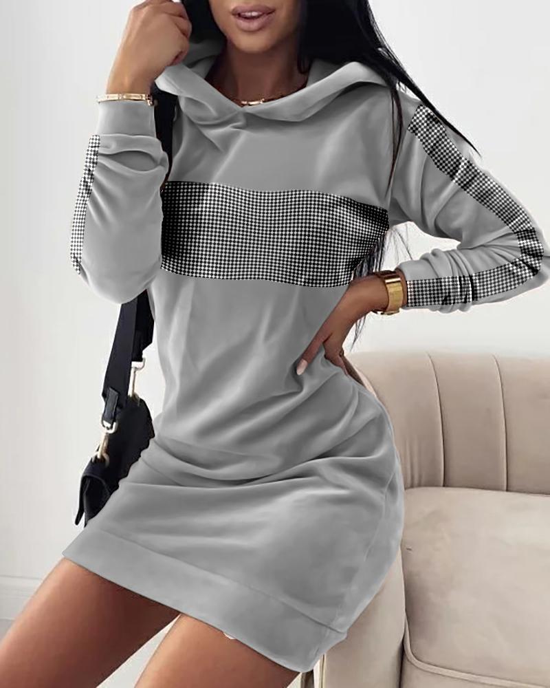 

Velvet Checker Patch Hooded Sweatshirt Dress, Gray