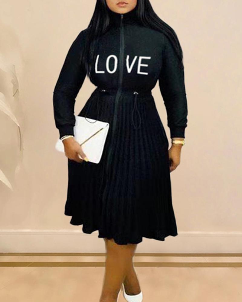 

Letter Embroidery Long Sleeve Drawstring Pleated Dress, Black