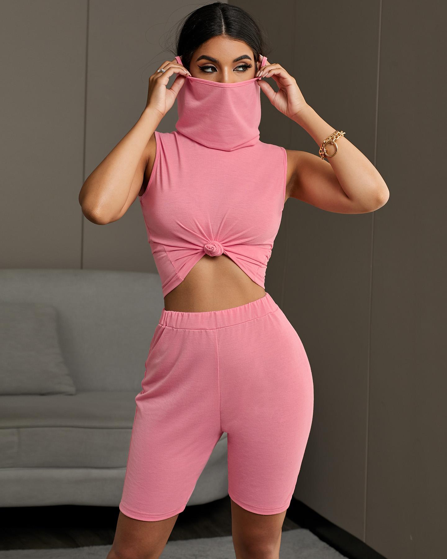 

Solid Sleeveless Casual Top & Shorts Set, Pink