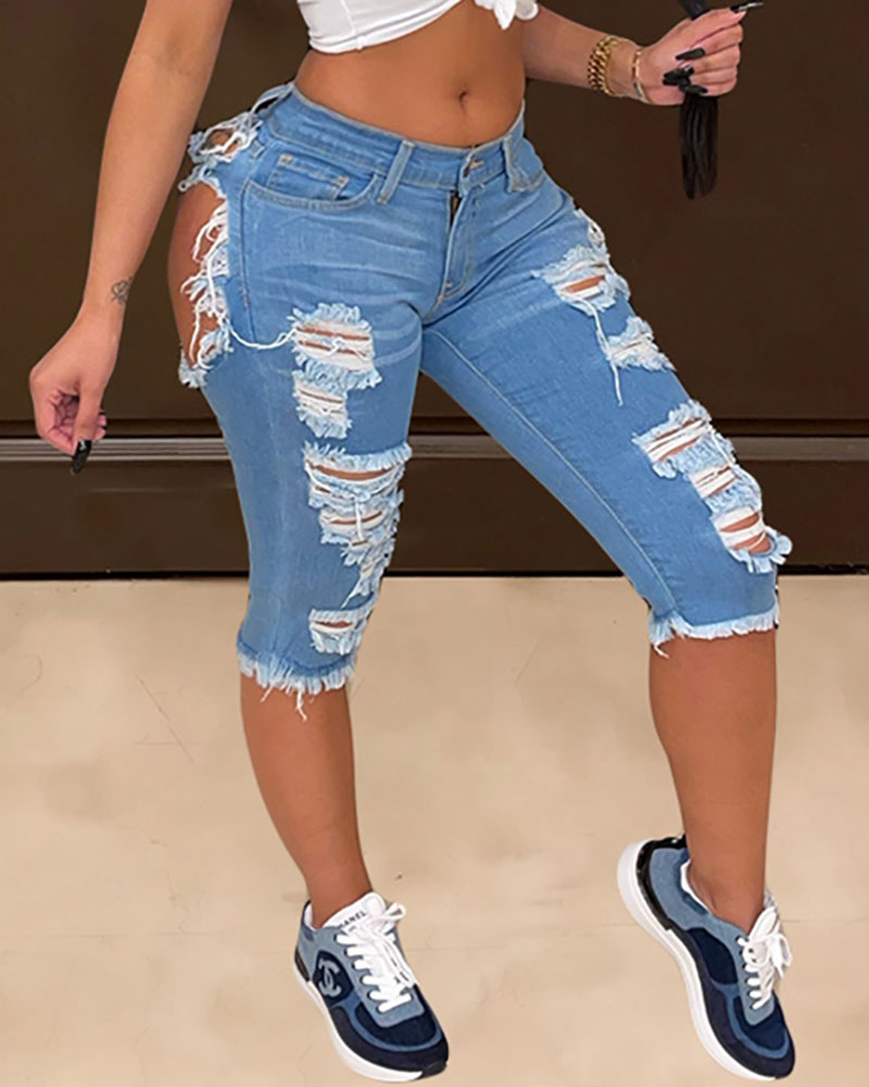 

Zipper Fly High Waist Cutout Ripped Raw Hem Jeans, Blue