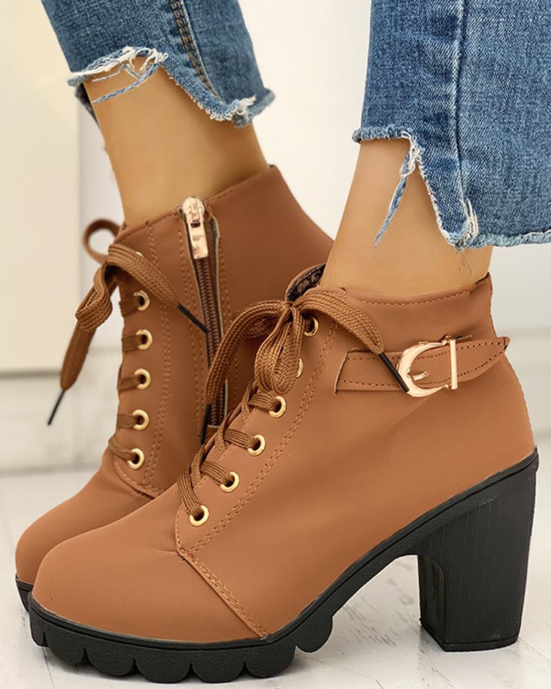 

Suede Eyelet Lace-Up Buckled Chunky Heeled Ankle-Boots, Brown