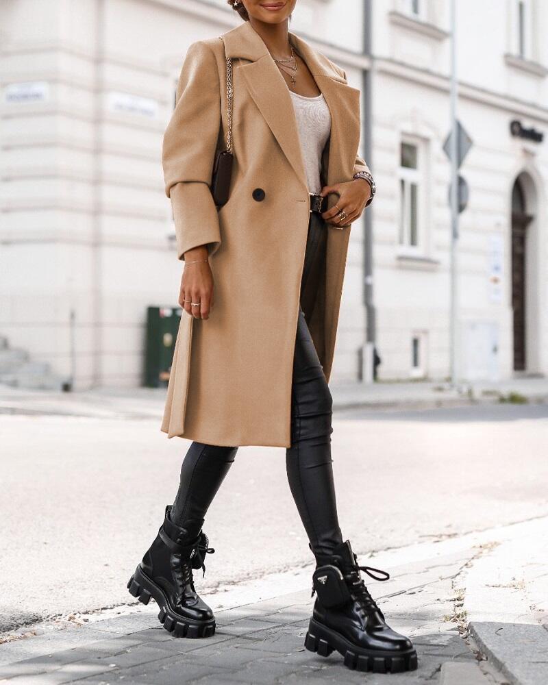 

Long Sleeve Double Breasted Belted Overcoat, Khaki