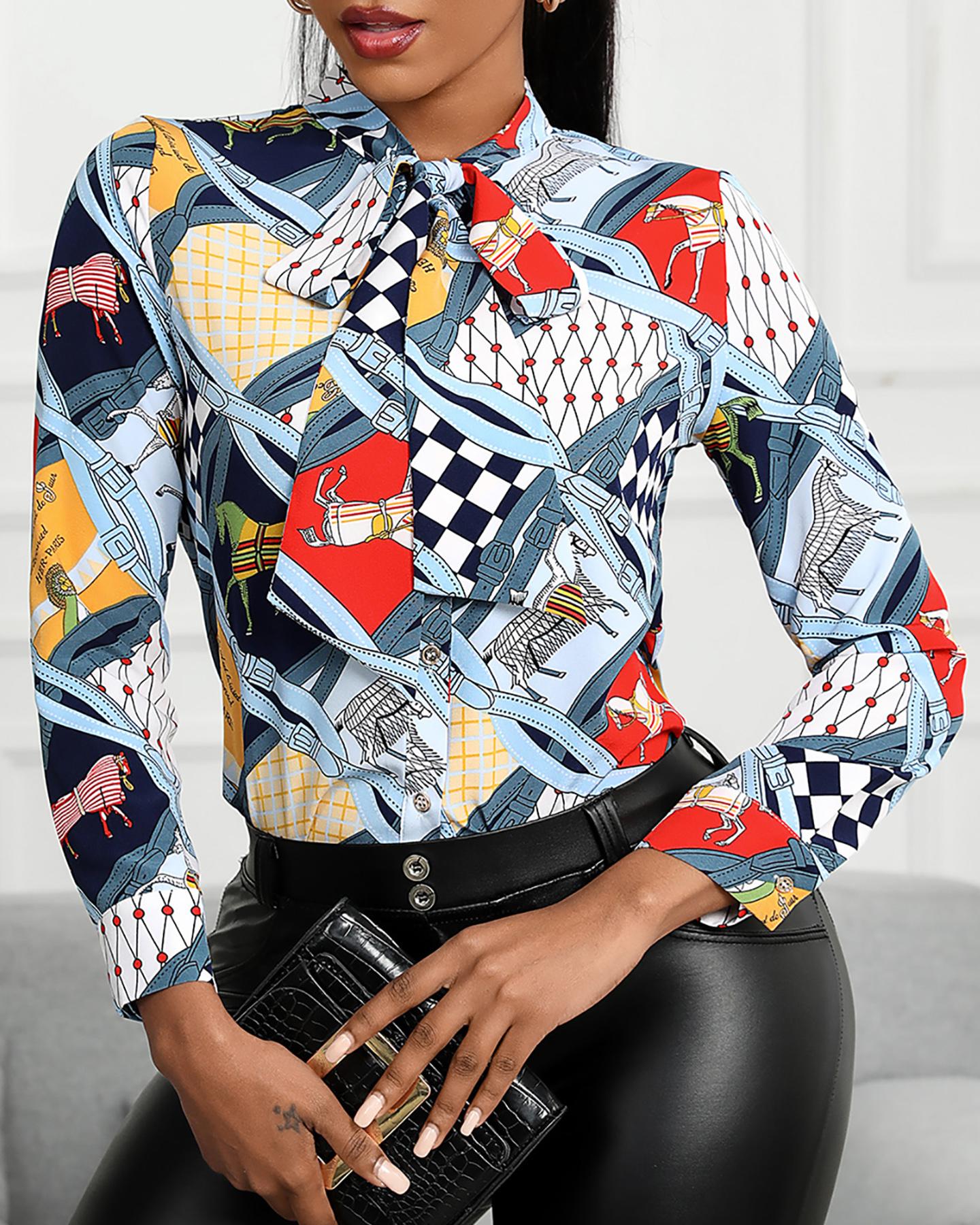 

Graphic Print Colorblock Tie Neck Shirt, Multicolor