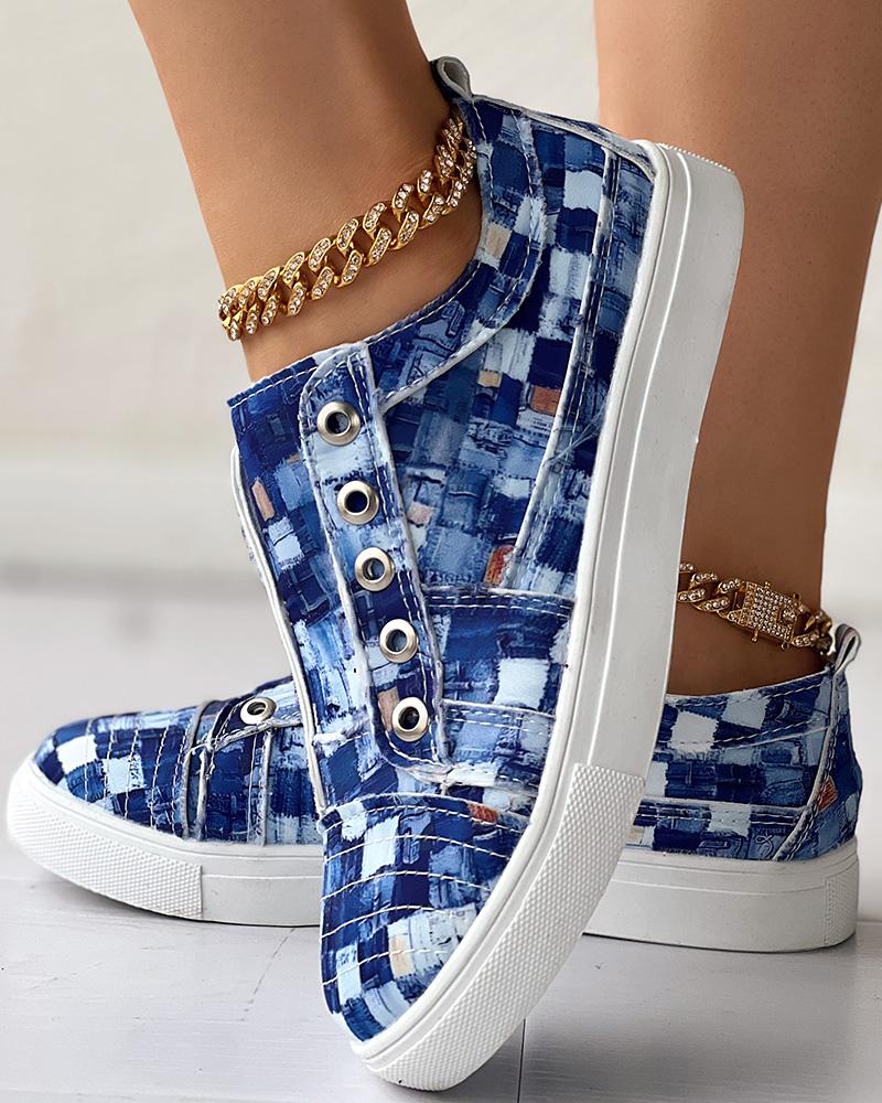 

Denim Look Print Eyelet Canvas Sneakers, Blue