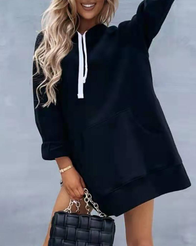 

Pocket Design Long Sleeve Slit Hooded Sweatshirt, Black