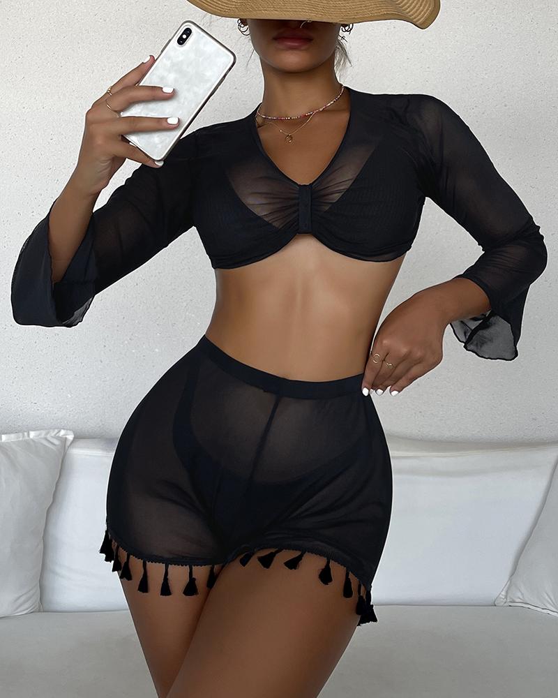 

Sheer Mesh V-Neck Tassel Design Tankini Set, Black