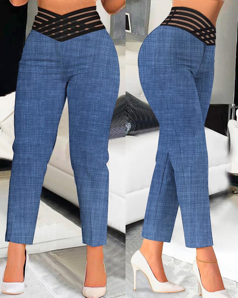 

Overlap Waist Sheer Mesh Patch Pants, Blue