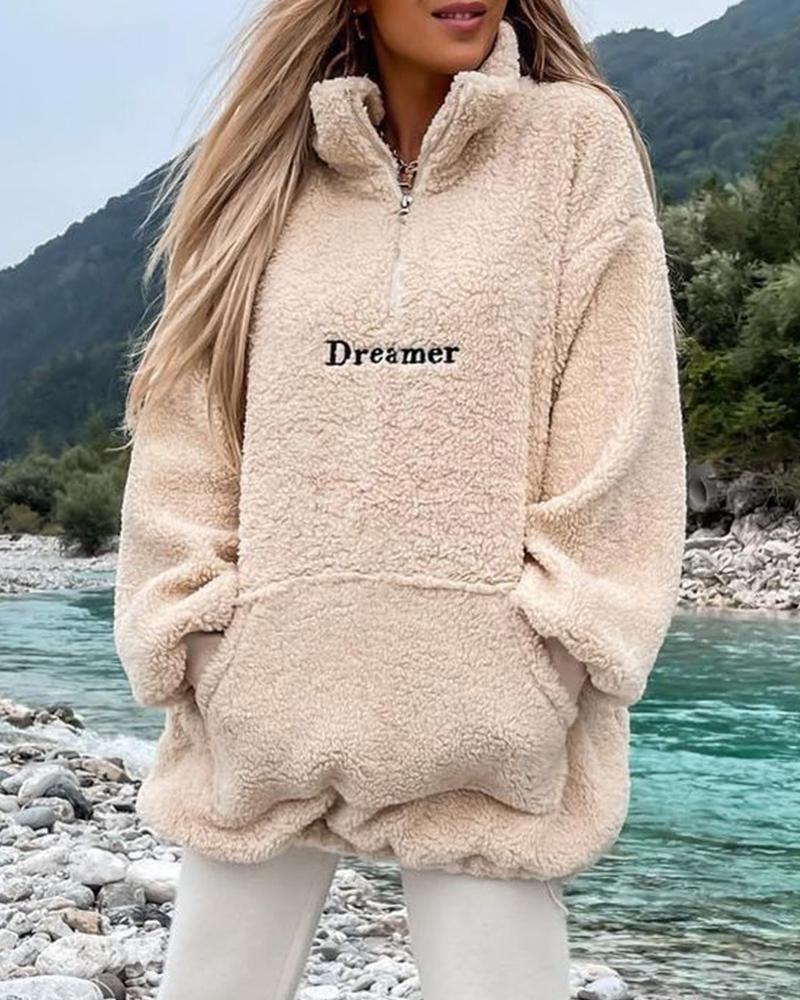 

Embroidery Letter Pocket Zipper Front Fuzzy Sweatshirt, Apricot